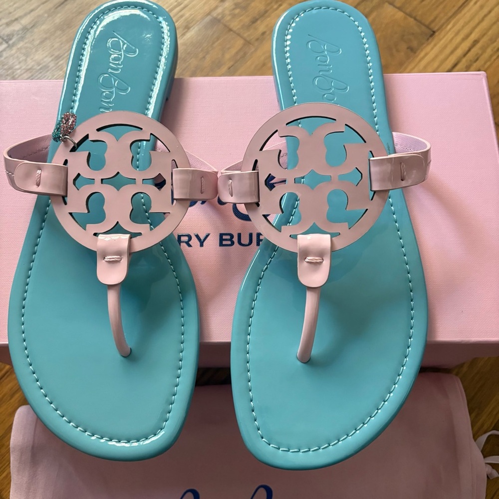 Tory Burch x BonBon Miller Patent Leather Pink and Blue Sandals Cotton Candy 10 - Picture 2 of 14